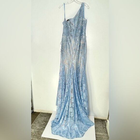 Mac Duggal 48910 One Shoulder Lace Corset Mermaid Dress, Powder Blue, Size 14 - Picture 3 of 12